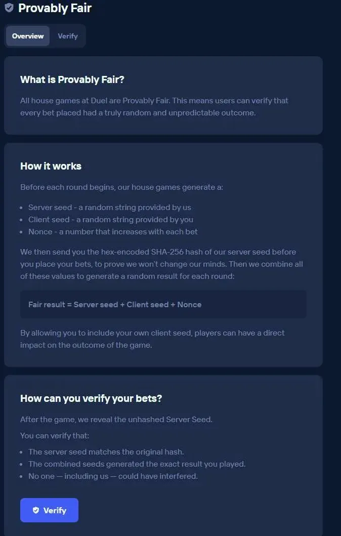 Проверка Provably Fair в Duel Casino — ответы на вопросы о честности игр и доступе