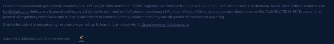 Футер Duel Casino с данными офшорной лицензии Anjouan — признак настоящего зеркала
